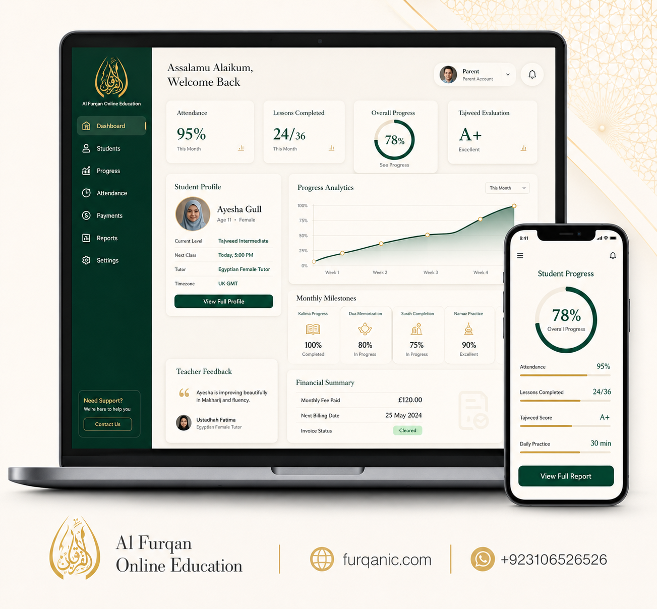 Student learning dashboard for online Quran academy