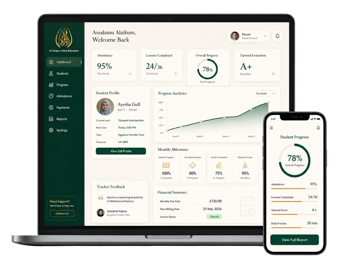 Quran student progress report and parent monitoring dashboard