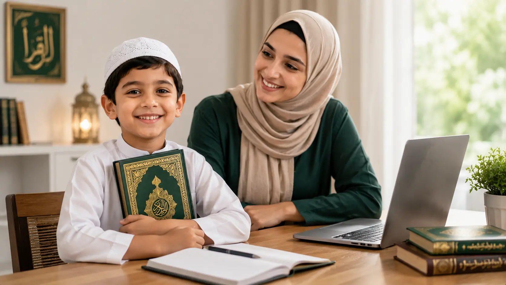 happy muslim kid learning by a female quran teacher