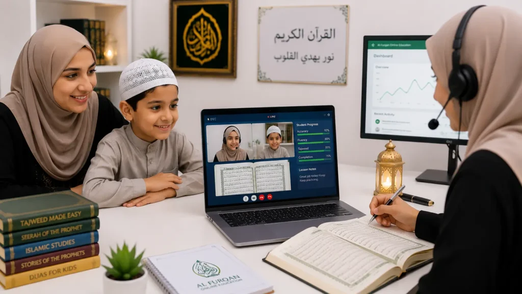 Muslim mother sitting beside young daughter during online Quran lesson with female teacher