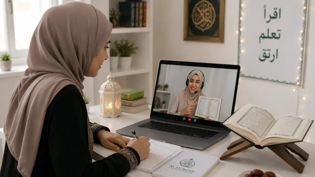 Happy Muslim child learning Quran online with female teacher on laptop