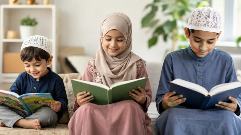 Muslim children of different age groups learning Noorani Qaida, showing the ideal stages to begin Arabic alphabet, Tajweed basics, and Quran reading education.