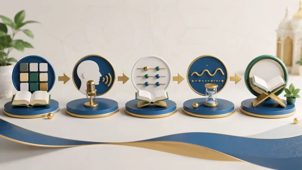 Educational illustration showing the Noorani Qaida learning syllabus with stages including Arabic alphabet recognition, pronunciation practice, vowel sounds, elongation, and connected Quran reading.