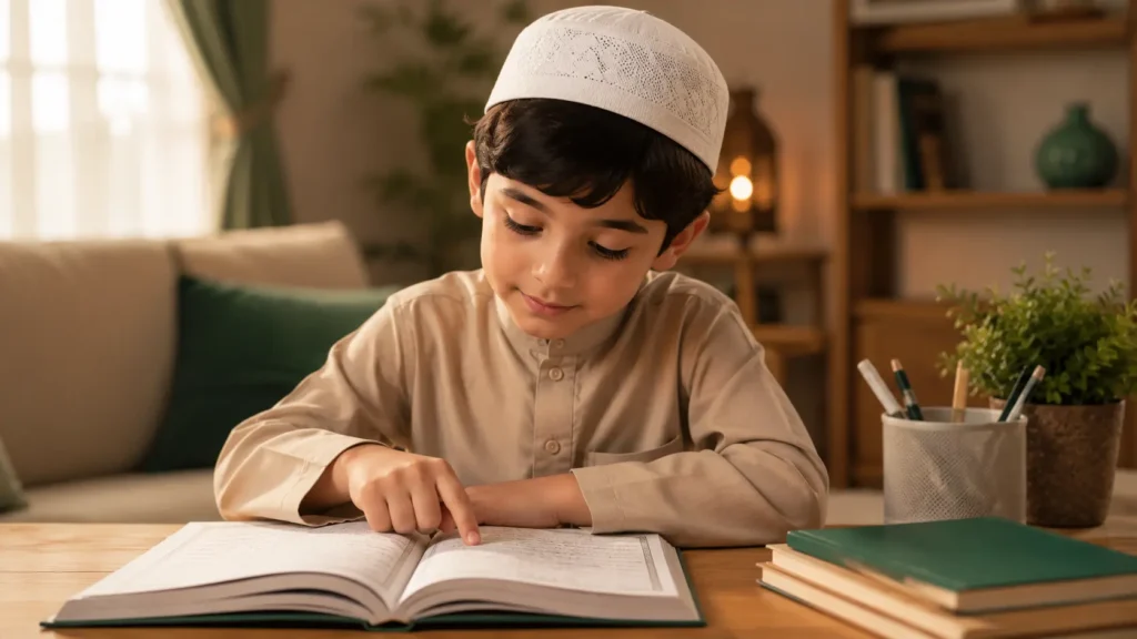 Happy Muslim child confidently participating in an online Noorani Qaida class, beginning the journey toward fluent Quran reading, Tajweed, and Arabic pronunciation.