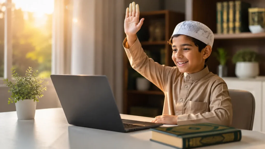 Friendly Muslim Quran teacher providing one-to-one Noorani Qaida instruction through an online class, helping a child improve Arabic pronunciation, Tajweed, and Quran